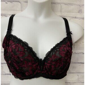 Cacique Bra Unlined Balconette Size 42DD Pink Black Lace Bow Underwire Sexy‎